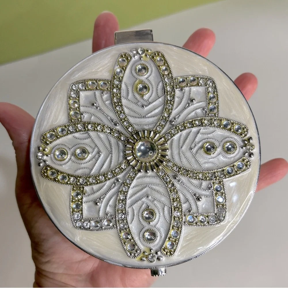 Enamel Rhinestone Jewelry Box Cream Silver